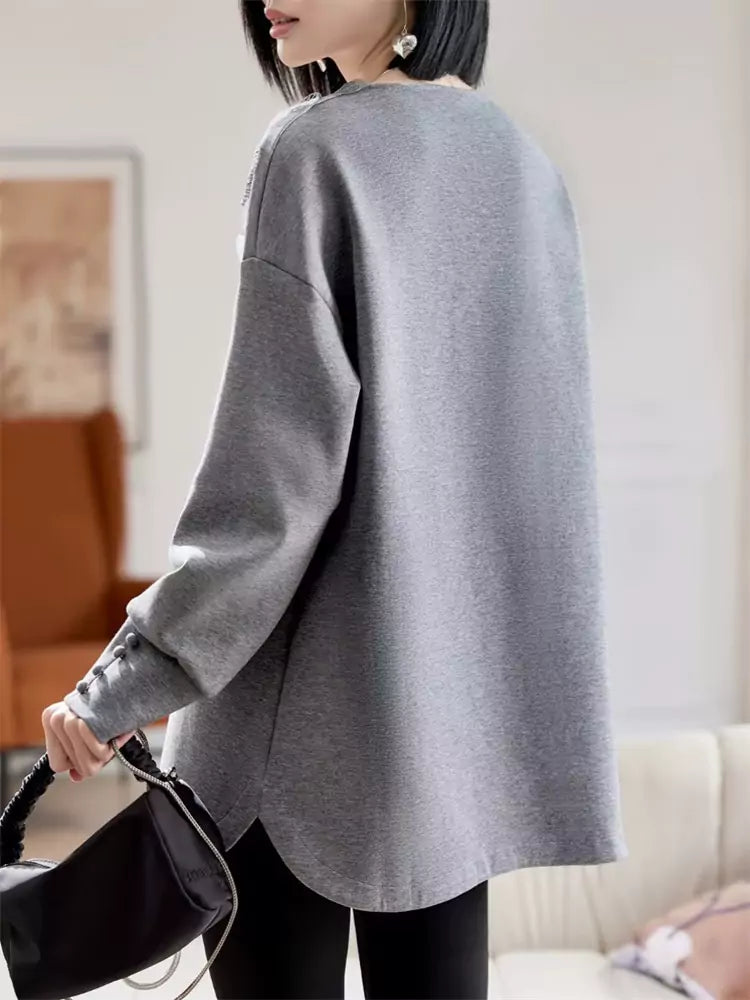 Sudadera elegante de manga larga con panel de encaje francés floral