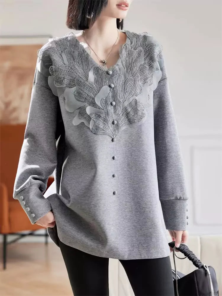 Sudadera elegante de manga larga con panel de encaje francés floral