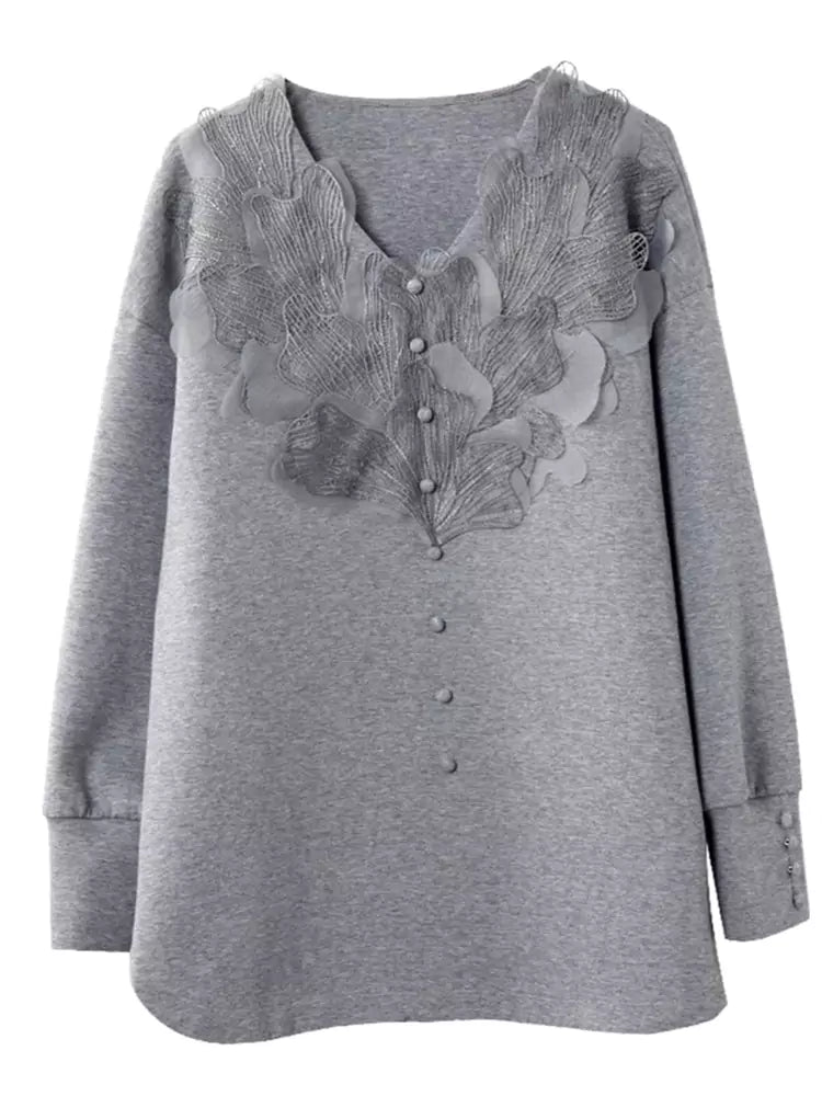 Sudadera elegante de manga larga con panel de encaje francés floral