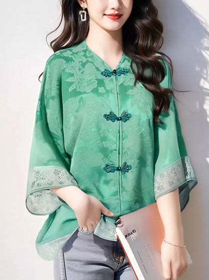 Elegant Green Loose Fit Jacquard Jacket with Chinese Style Details