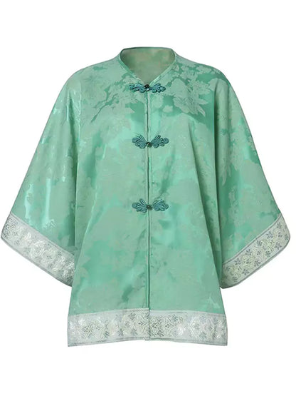 Elegant Green Loose Fit Jacquard Jacket with Chinese Style Details