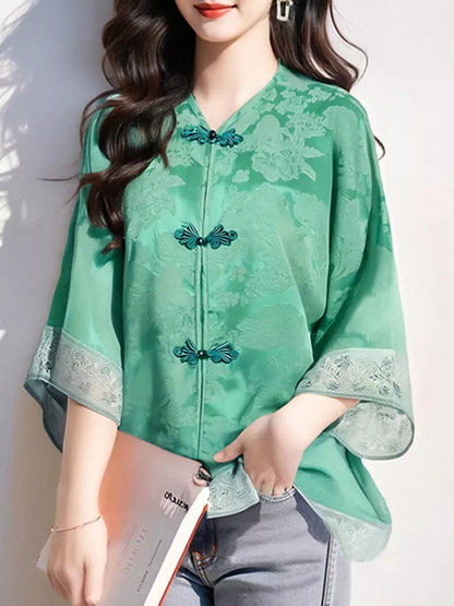 Elegant Green Loose Fit Jacquard Jacket with Chinese Style Details