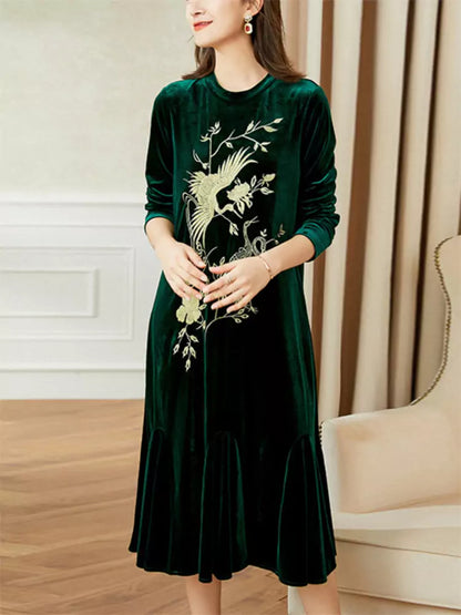 Green Velvet Embroidered Fishtail A-Line Dress