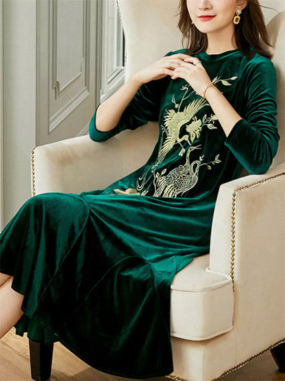 Green Velvet Embroidered Fishtail A-Line Dress