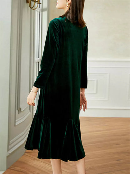 Green Velvet Embroidered Fishtail A-Line Dress