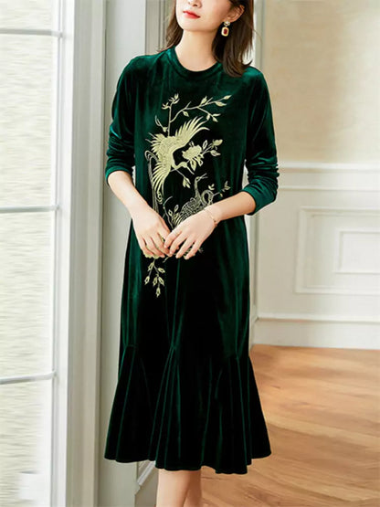 Green Velvet Embroidered Fishtail A-Line Dress