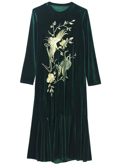 Green Velvet Embroidered Fishtail A-Line Dress