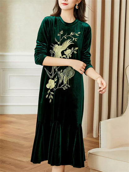 Green Velvet Embroidered Fishtail A-Line Dress
