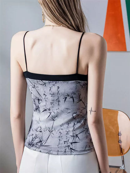 Elegant Ink Wash Print Camisole with Mesh Details