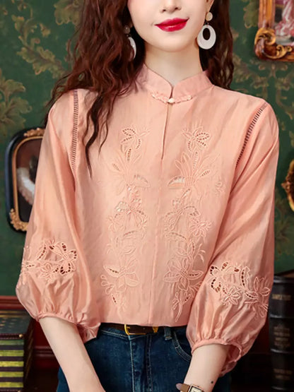 Elegant Oriental Style Embroidered Lace Blouse with Lantern Sleeves