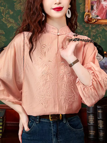 Elegant Oriental Style Embroidered Lace Blouse with Lantern Sleeves