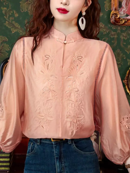 Elegant Oriental Style Embroidered Lace Blouse with Lantern Sleeves