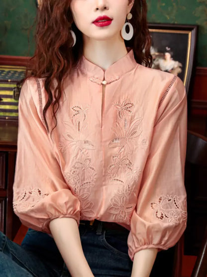 Elegant Oriental Style Embroidered Lace Blouse with Lantern Sleeves