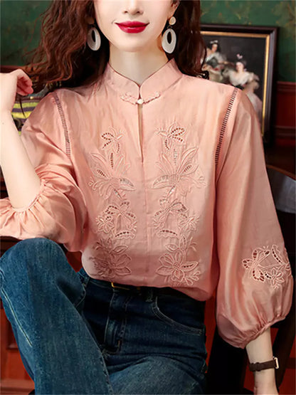 Elegant Oriental Style Embroidered Lace Blouse with Lantern Sleeves