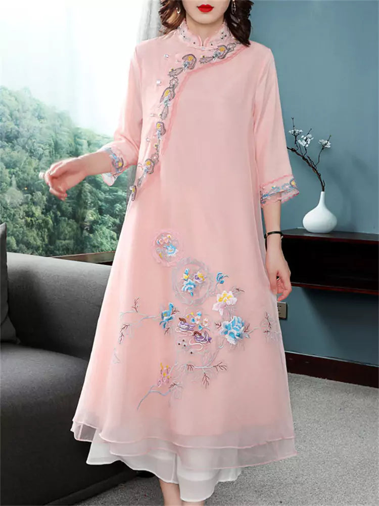 Elegant Pink Embroidery Organza Chinese Style Dress Bracelet Sleeve