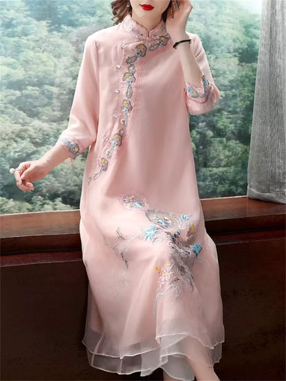 Elegant Pink Embroidery Organza Chinese Style Dress Bracelet Sleeve