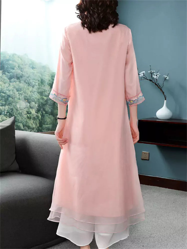Elegant Pink Embroidery Organza Chinese Style Dress Bracelet Sleeve