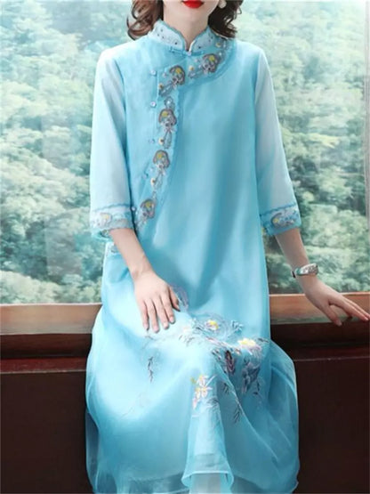 Elegant Pink Embroidery Organza Chinese Style Dress Bracelet Sleeve