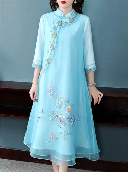 Elegant Pink Embroidery Organza Chinese Style Dress Bracelet Sleeve