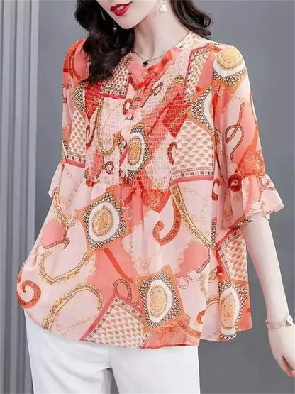 Elegant Plus Size Floral Print Round Neck Chiffon Blouse