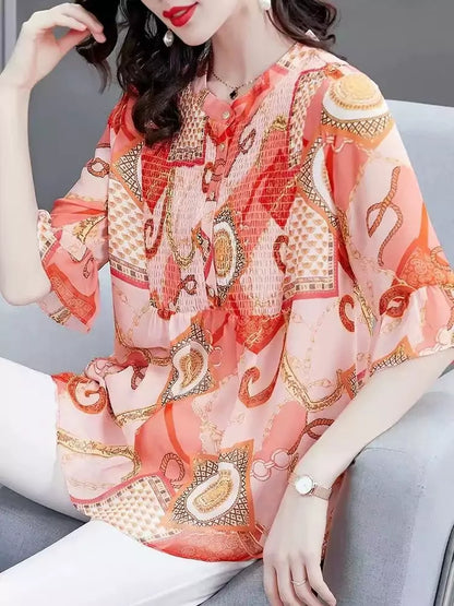 Elegant Plus Size Floral Print Round Neck Chiffon Blouse