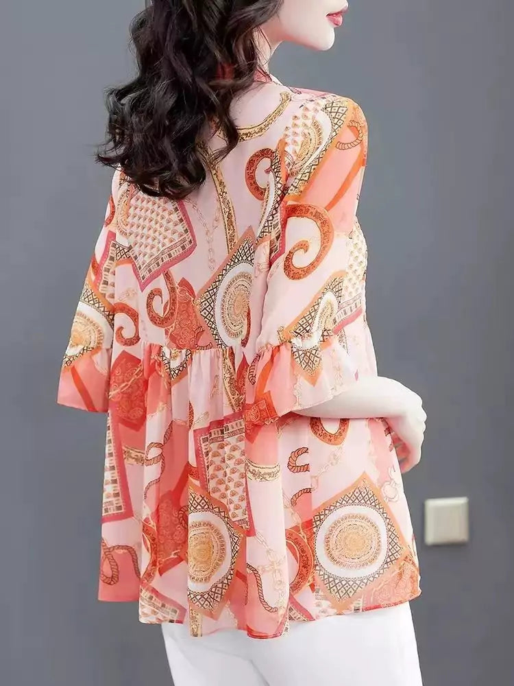 Elegant Plus Size Floral Print Round Neck Chiffon Blouse
