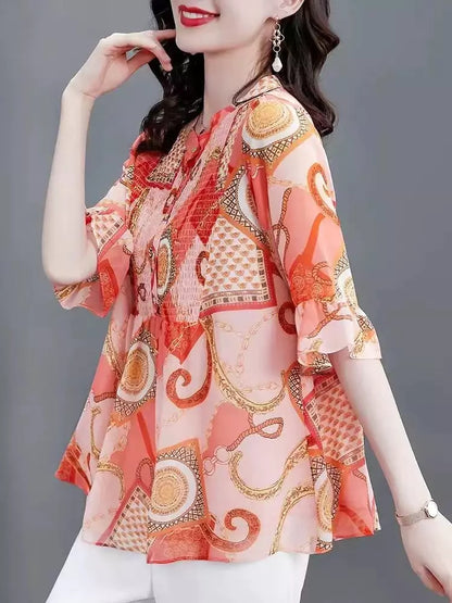 Elegant Plus Size Floral Print Round Neck Chiffon Blouse