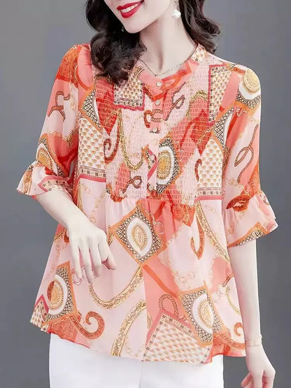 Elegant Plus Size Floral Print Round Neck Chiffon Blouse
