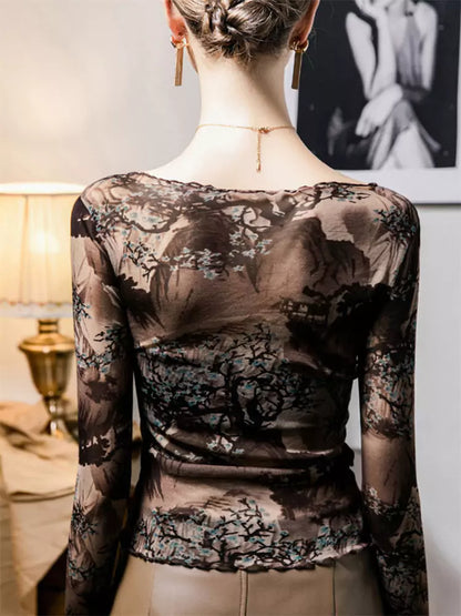 Elegant Sheer Mesh Top with Chinese Ink Painting Long Sleeves