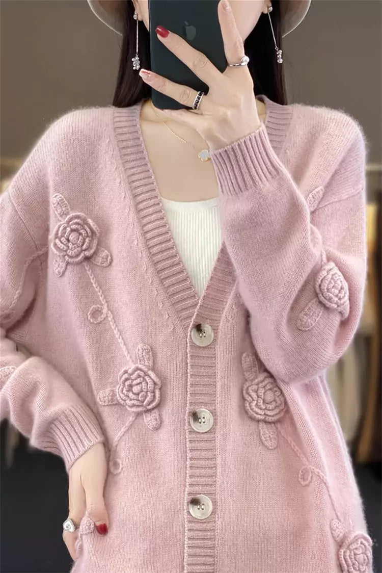 Elegant V-neck Crochet Knit Cardigan with 3D Rose