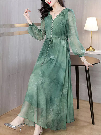 Elegantes Tüll-Maxikleid mit Perlendekor und V-Ausschnitt für Frühling/Sommer