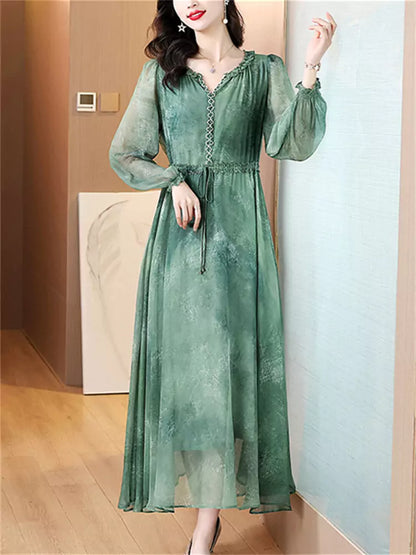 Elegantes Tüll-Maxikleid mit Perlendekor und V-Ausschnitt für Frühling/Sommer