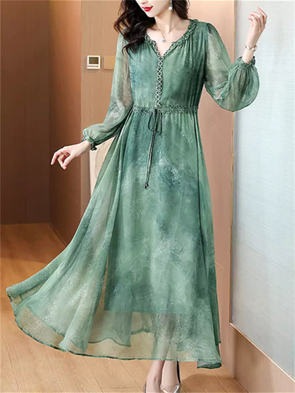 Elegantes Tüll-Maxikleid mit Perlendekor und V-Ausschnitt für Frühling/Sommer