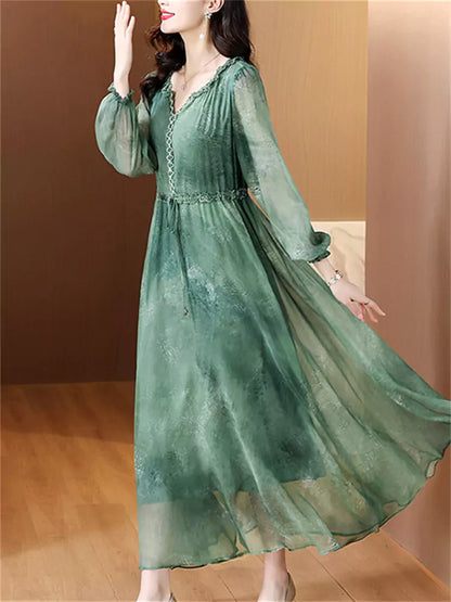 Elegantes Tüll-Maxikleid mit Perlendekor und V-Ausschnitt für Frühling/Sommer