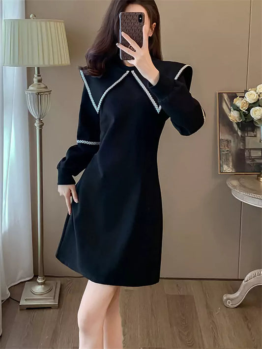 Women's Elegant Vintage Large Collar Black Cinching Mini Dress Long Sleeve