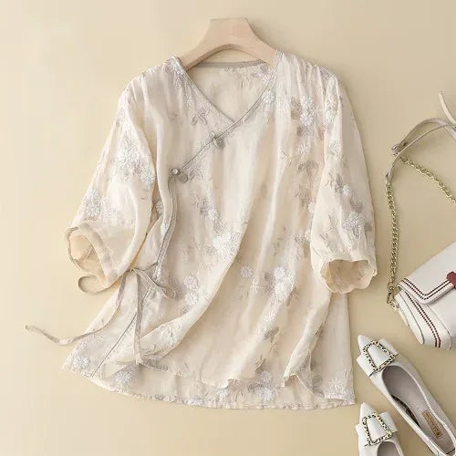 Embroidered Asymmetrical Front Shirt with V-Neck and Three Quarter Sleeves - Apricot