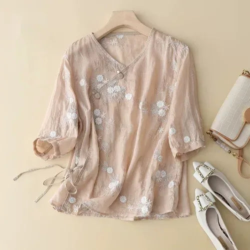 Embroidered Asymmetrical Front Shirt with V-Neck and Three Quarter Sleeves - Mauve Pink