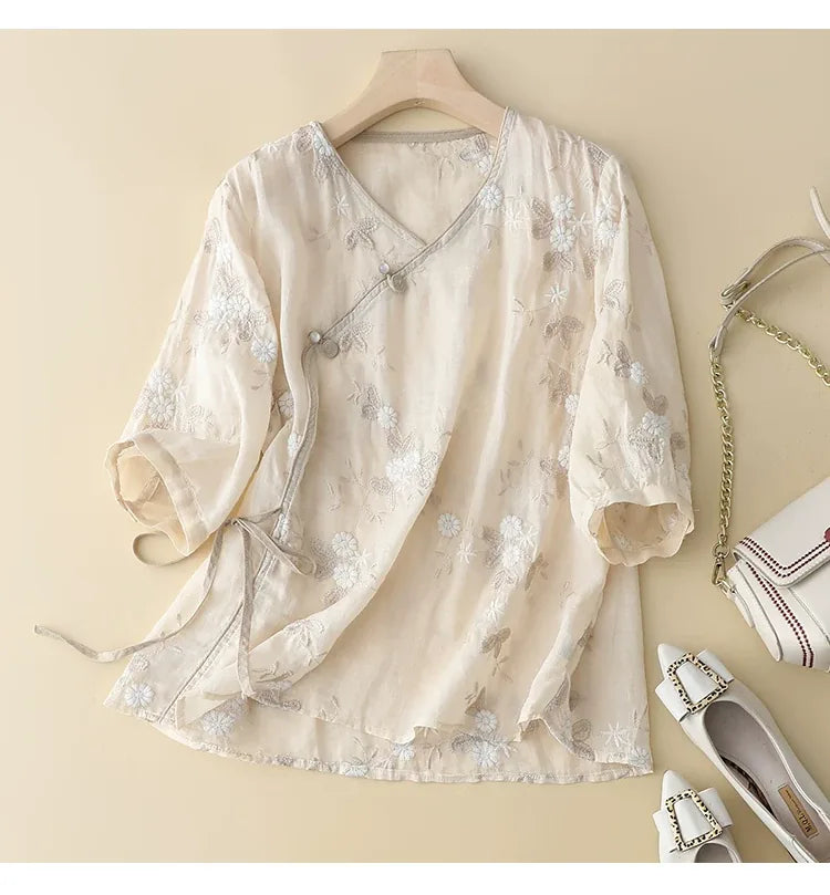 Embroidered Asymmetrical Front Shirt with V-Neck and Three Quarter Sleeves