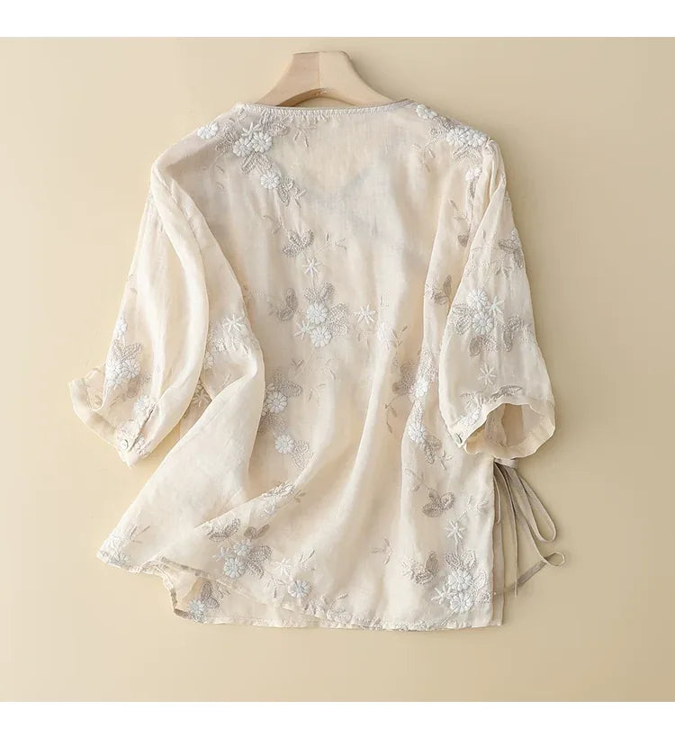 Embroidered Asymmetrical Front Shirt with V-Neck and Three Quarter Sleeves