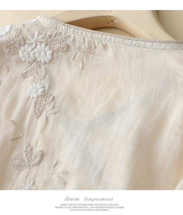 Embroidered Asymmetrical Front Shirt with V-Neck and Three Quarter Sleeves