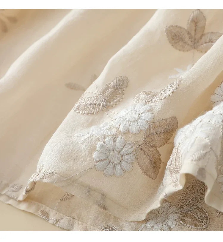Embroidered Asymmetrical Front Shirt with V-Neck and Three Quarter Sleeves