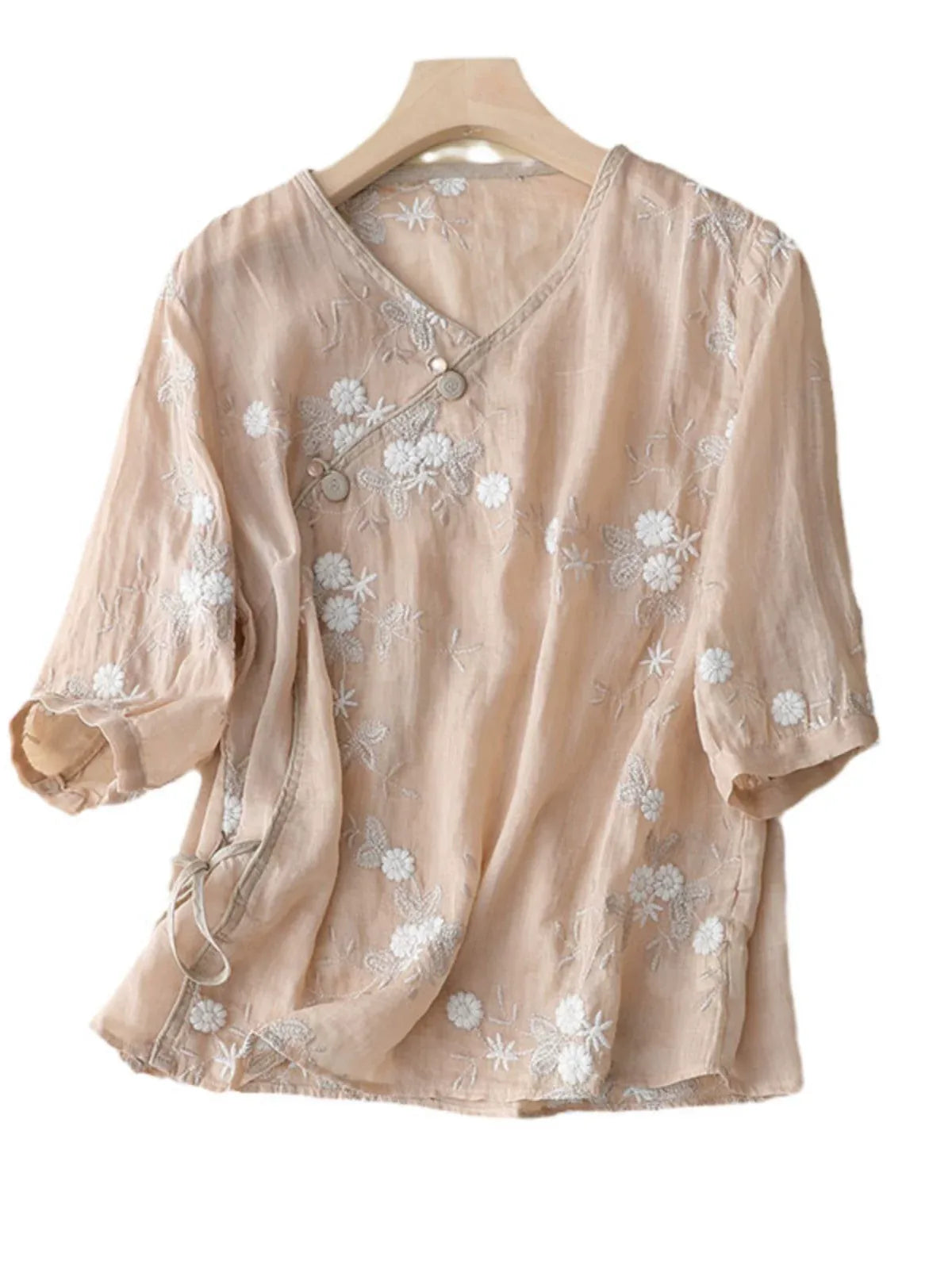 Embroidered Asymmetrical Front Shirt with V-Neck and Three Quarter Sleeves