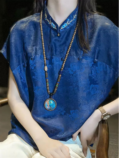 Embroidered Blue Mandarin Collar Jacquard Blouse with Frog Buttons & Short Sleeve