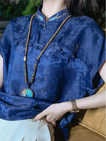 Embroidered Blue Mandarin Collar Jacquard Blouse with Frog Buttons & Short Sleeve