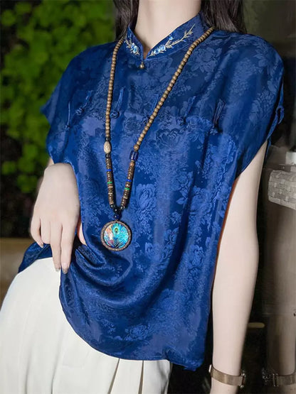 Embroidered Blue Mandarin Collar Jacquard Blouse with Frog Buttons & Short Sleeve