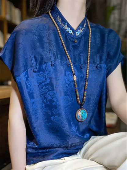 Embroidered Blue Mandarin Collar Jacquard Blouse with Frog Buttons & Short Sleeve