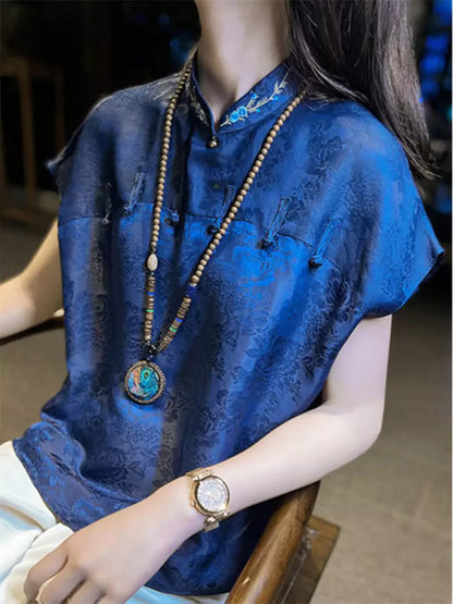 Embroidered Blue Mandarin Collar Jacquard Blouse with Frog Buttons & Short Sleeve