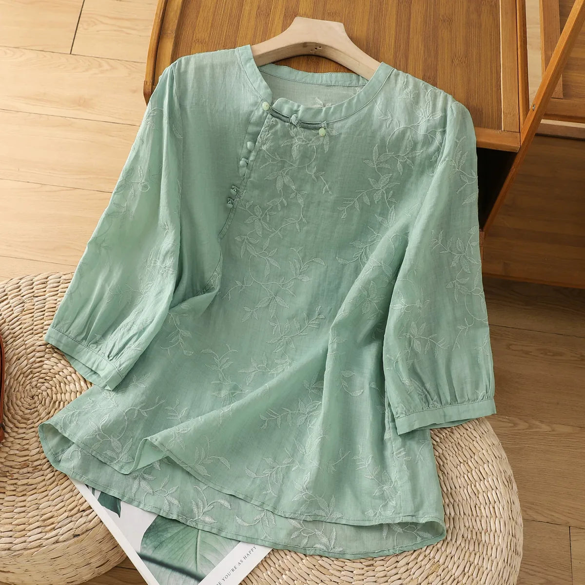 Embroidered Botanical Vine Cotton Linen Three Quarter Sleeve Shirt - color option view
