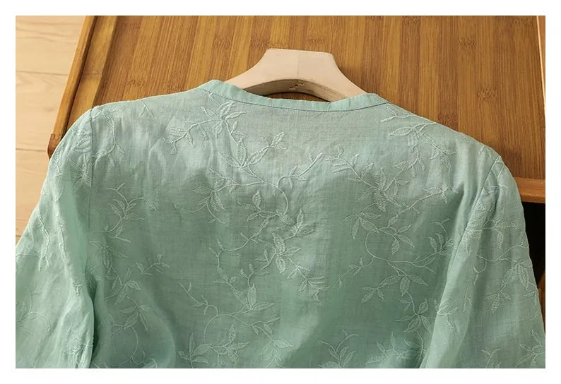 Embroidered Botanical Vine Cotton Linen Three Quarter Sleeve Shirt - detail view