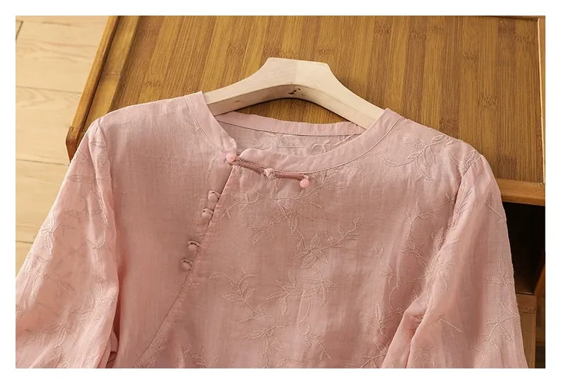 Embroidered Botanical Vine Cotton Linen Three Quarter Sleeve Shirt - detail view